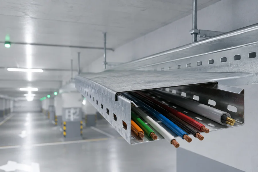 Covered galvanised cable tray mounted on threaded-rod hangers on a car park ceiling, carrying colour-coded power cables